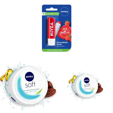 NIVEA Lip Balm, Fruity Strawberry Shine, 4.8g & NIVEA Soft Light Moisturizer Cream, 300 ml & NIVEA Soft Light Moisturizer Cream, with Vitamin E & Jojoba Oil for Face, 200 ml